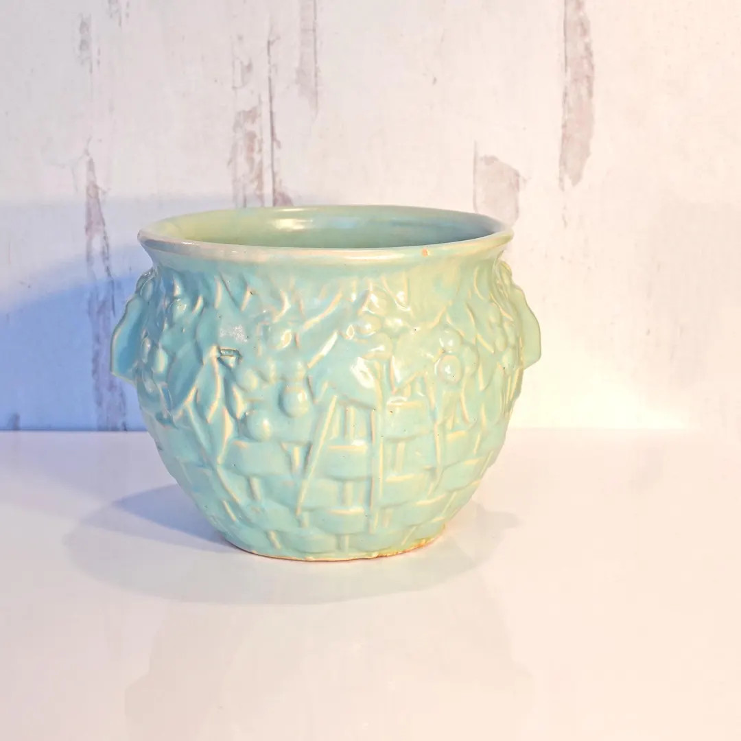 Vintage 1930s Mccoy Pottery Leaf and Berry Basket Weave Jardiniere, Aqua Blue, 10" X 7 1/2", Unsi... | Etsy (US)