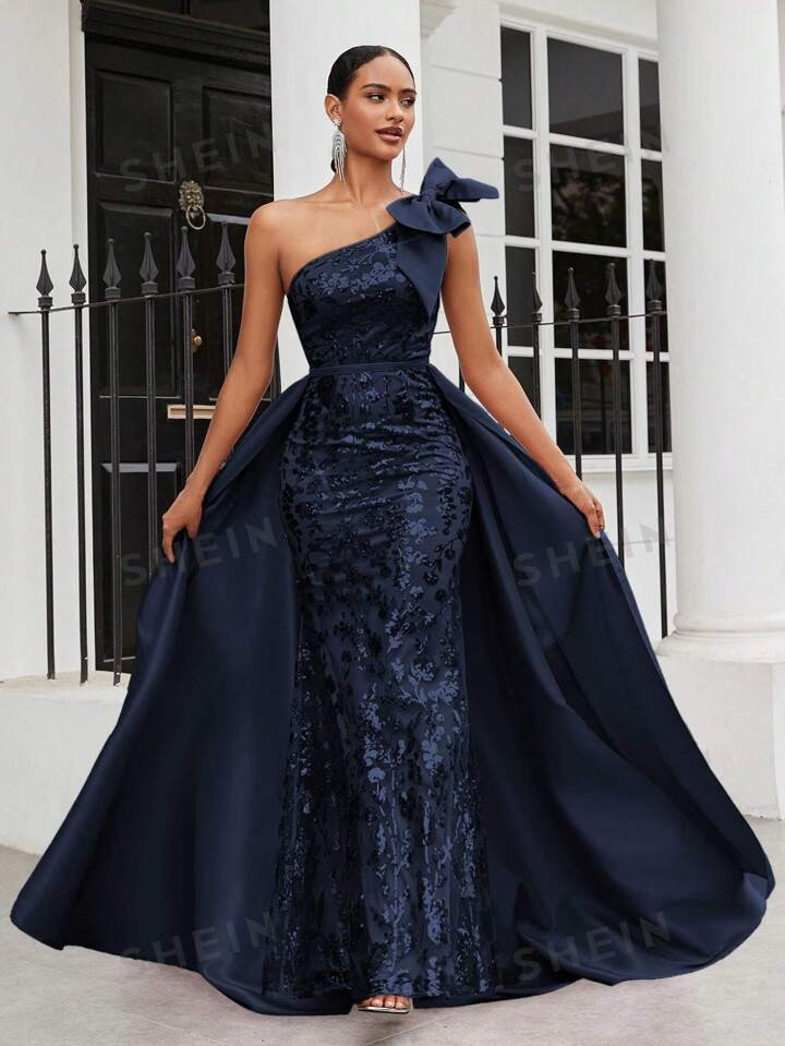 SHEIN Belle Gorgeous Beaded Shoulder Bowknot Maxi Dress For Women's Formal Evening Party Dress | SHEIN