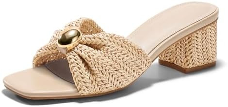 Coutgo Womens Low Chunky Block Heels Raffia Sandals Square Open Toe Slip On Slides Summer Beach D... | Amazon (US)