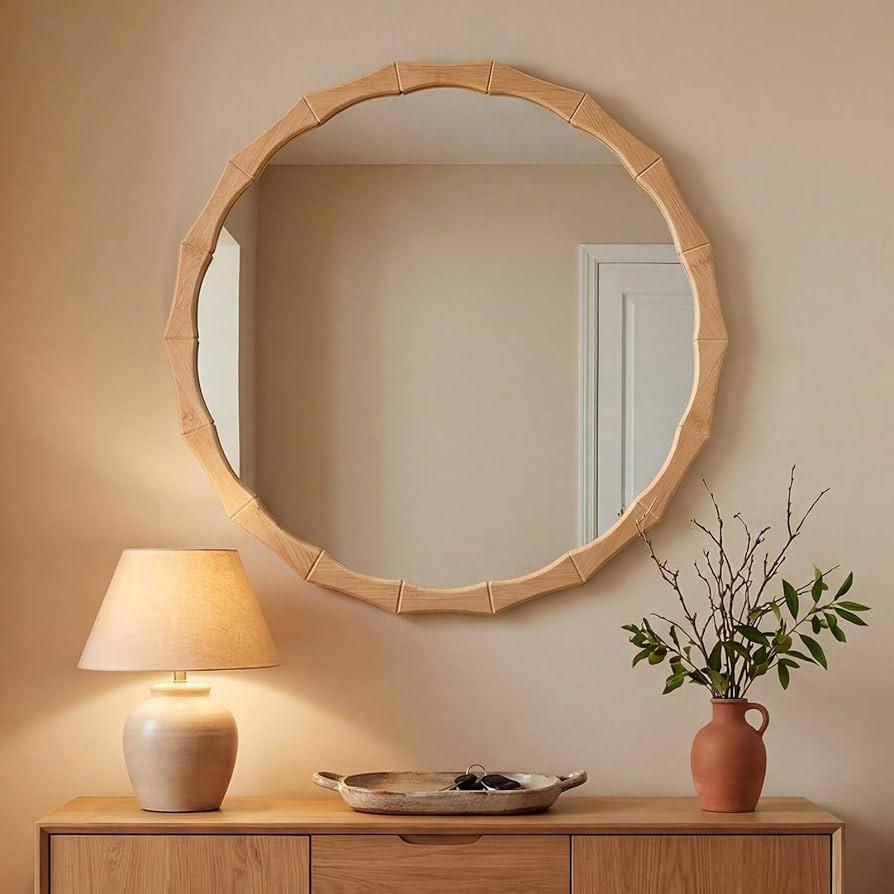 24-inch Round Bamboo Frame Mirror with Wavy Edge, Vintage Wood Finish Hanging Wall Mirror for Bat... | Amazon (US)
