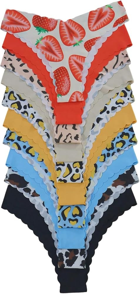 Women's 10 Pack Thongs Set Leopard Print Seamless Brief Floral Scallop Mid Rise No Show Panty Set | Amazon (US)