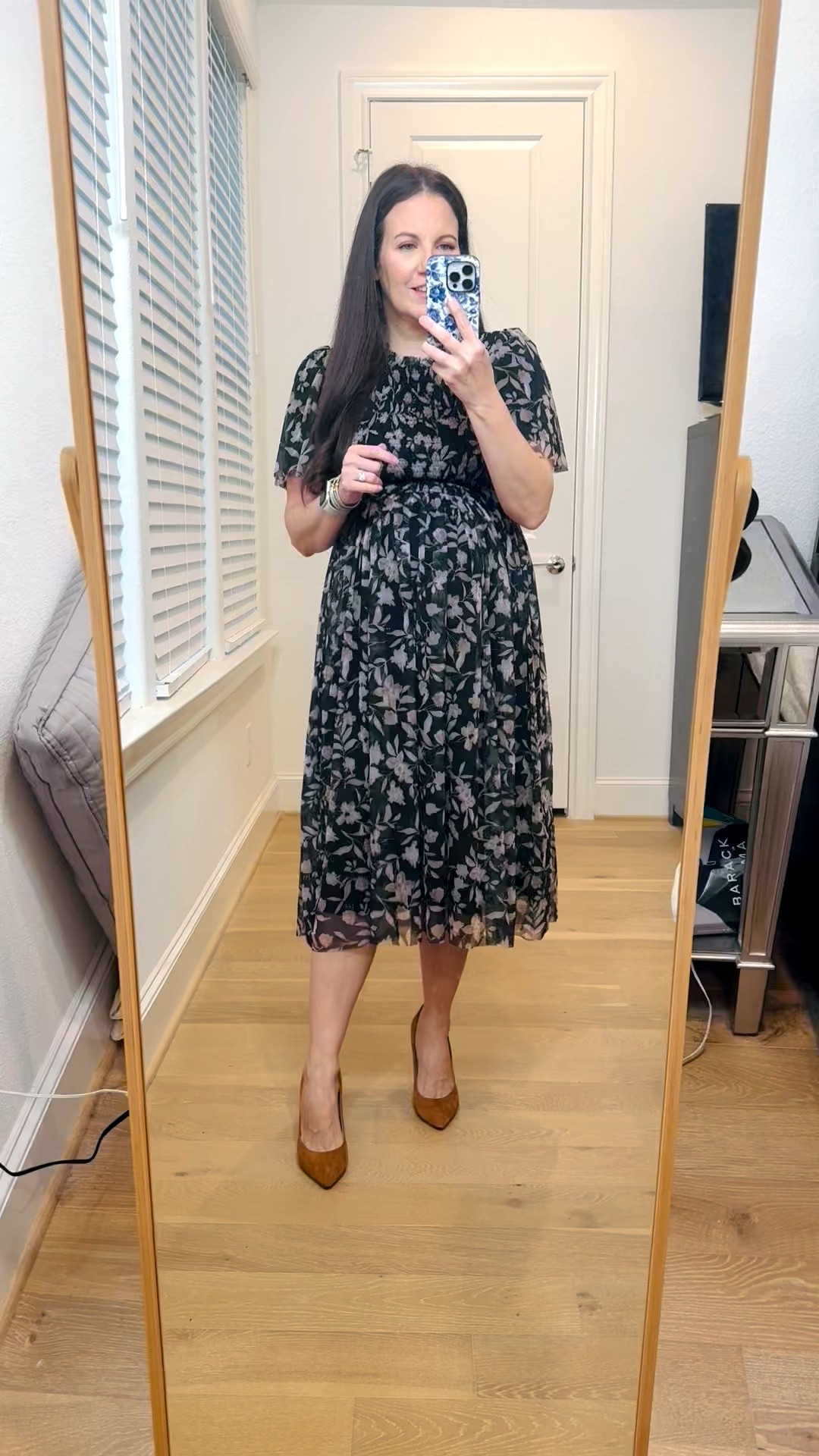 Fall outfit / maternity outfit / maternity dress / family photos dress (dress family in black, camel brown and white) / brown heels / pregnancy work wear / office outfits / what to wear to work when pregnant / fall street style / fall lookbook / black midi dress with sleeves 

#LTKSeasonal #LTKWorkwear #LTKBump