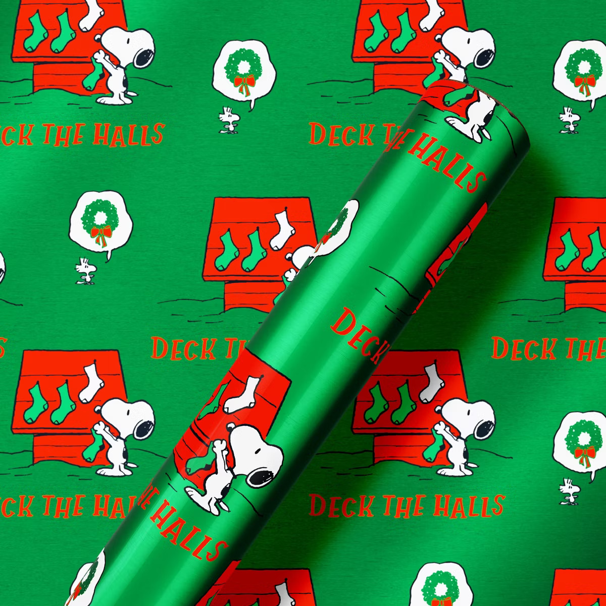 American Greetings 30" 25 sq ft Metallized Peanuts Snoopy And Woodstock on Green Gift Wrap | Target