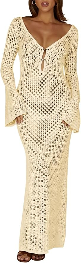 Saodimallsu Womens V Neck Crochet Maxi Dresses Bell Sleeve Bodycon Long Dress Hollow Out Summer B... | Amazon (US)