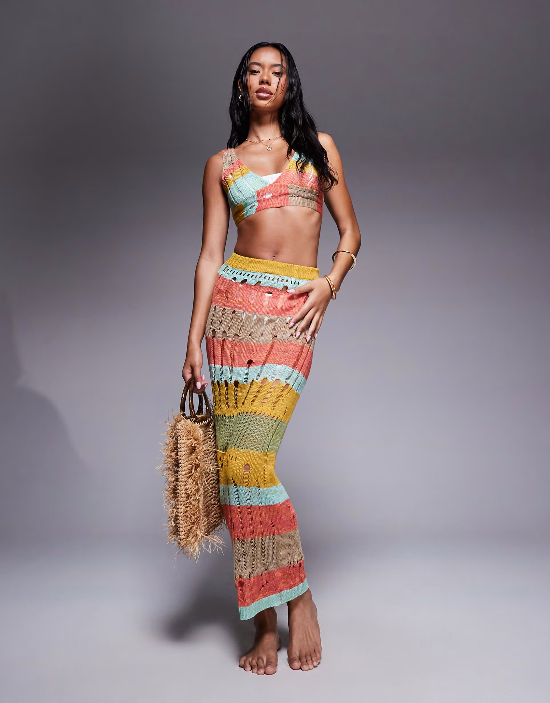 Missyempire beach distressed knit maxi skirt in multi stripe - part of a set | ASOS (Global)