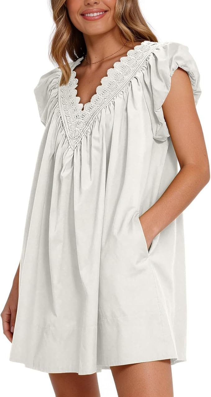 Senllen Cotton Summer Dresses for Women 2026 A Line Puff Short Sleeve V Neck Casual Babydoll Boho... | Amazon (US)