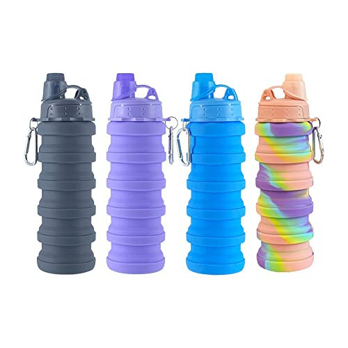 konlongzan Collapsible Water Bottles 4 pack Travel Water Bottle Portable Hiking Water Bottle with Leak proof Twist Cap 500ML Reusable BPA Free Silicone Water Bottles. (Black+Purple+Blue+Pink) | Amazon (US)