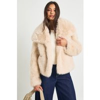 boohoo Women's Faux Fur Oversized Collar Short Jacket in Beige | Size: Small | Denim | boohoo (US & Canada)