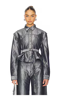 Marques ' Almeida Silver Denim Cinched Jacket With Belt in Silver from Revolve.com | Revolve Clothing (Global)