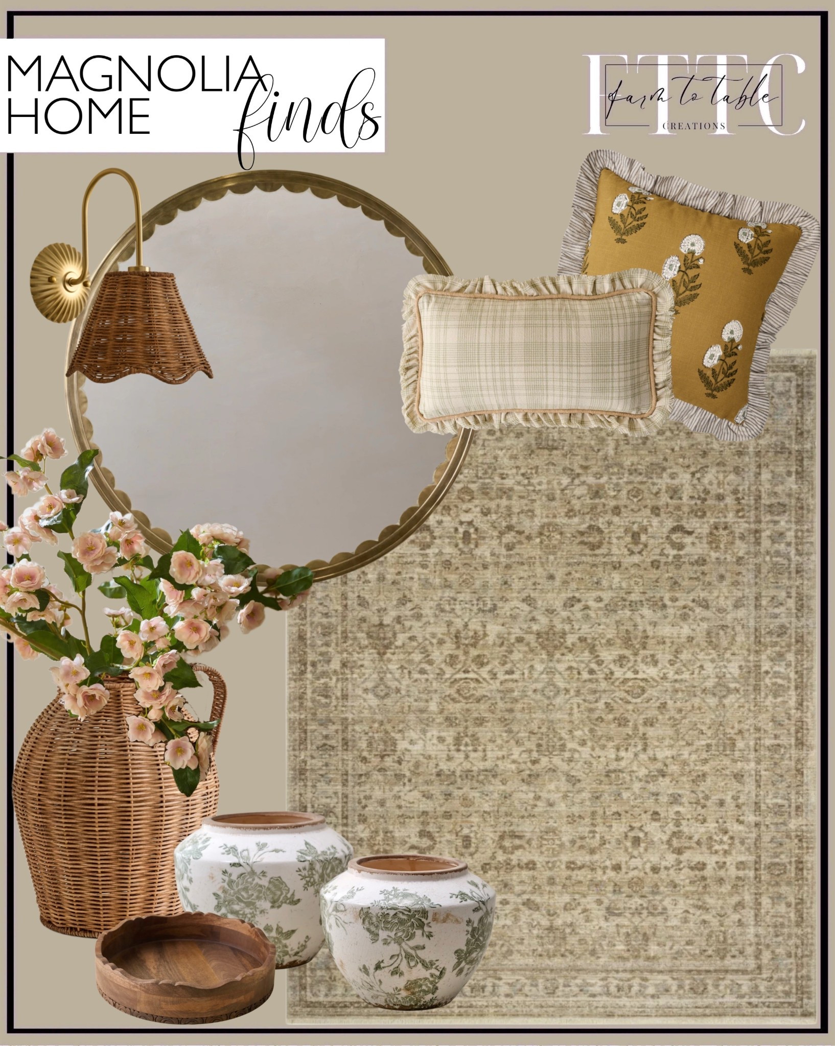 Magnolia Home Finds You’ll Want in Every Room

Follow @farmtotablecreations on Instagram for more home finds 🤍

Sharing the prettiest Magnolia Home-inspired pieces that instantly warm up a space. From the scalloped mirror and woven sconce to the soft neutral rug and textured pillows, these are those timeless finds that feel cozy, collected, and effortlessly styled. I love mixing in natural textures like wicker and wood with soft florals to create that inviting, layered look that works year-round.

#homedecor #neutraldecor #area rug #throwpillows #wallmirror #lighting #decorfinds

#LTKSeasonal #LTKHome