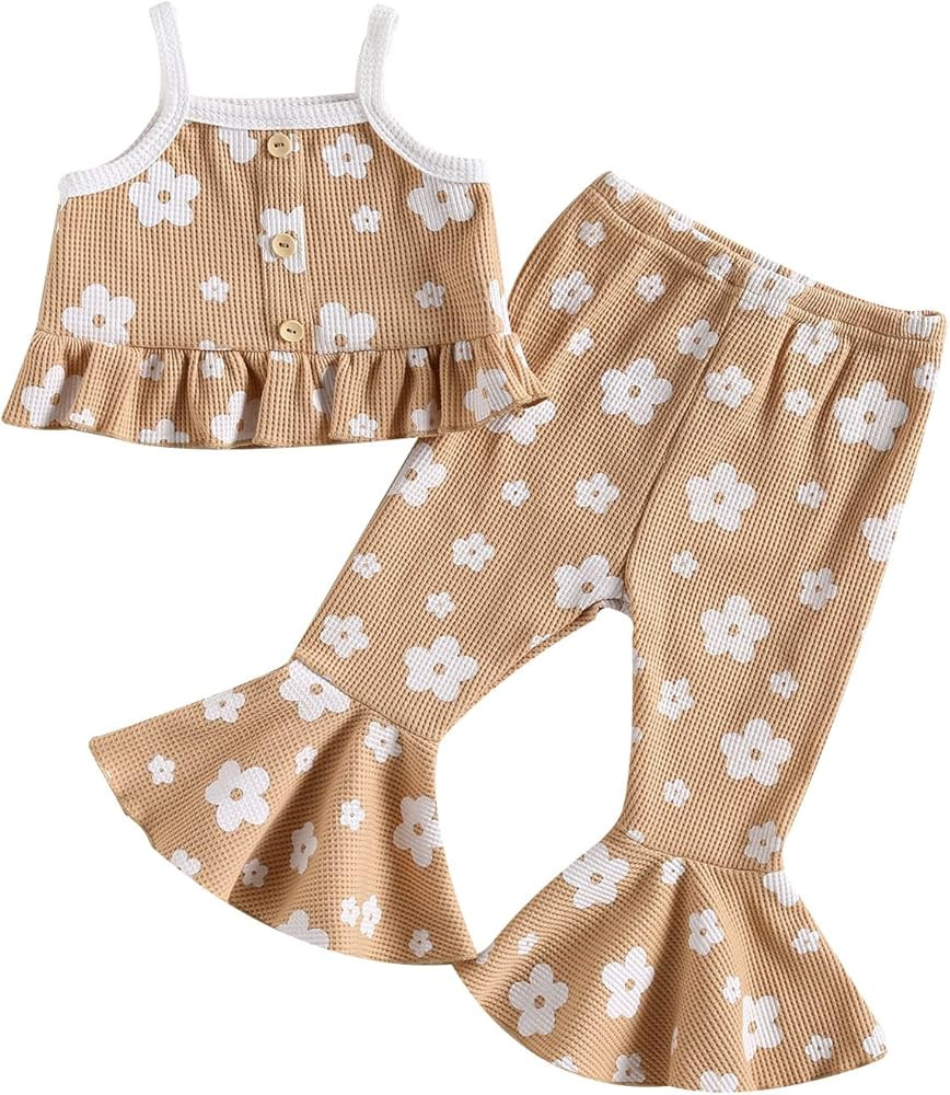 fhutpw Toddler Girl Summer Outfits Floral Ruffled Spaghetti Straps Crop Tops & Flared Pants Set 1... | Amazon (US)