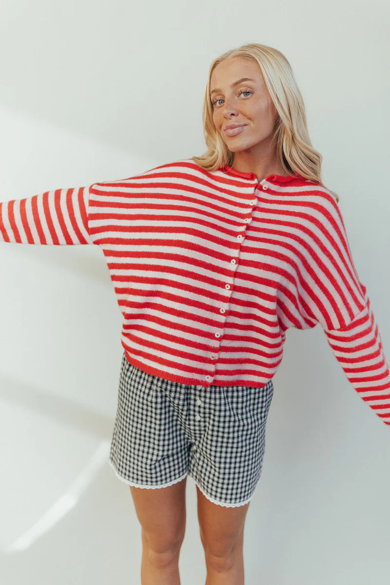 Piper Cardigan in Pink and Red Stripe | Henly