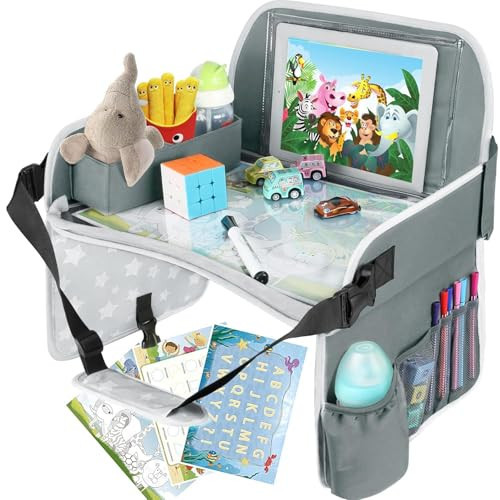 MENZOKE Kids Travel Tray for Toddler Car Seat, Toddler Gift for Boy Activities with Dry Erase Board & iPad Holder Stand, Road Trip Essentials Accessories Lap Tray for Boy as Birthday Gift, Grey | Amazon (US)
