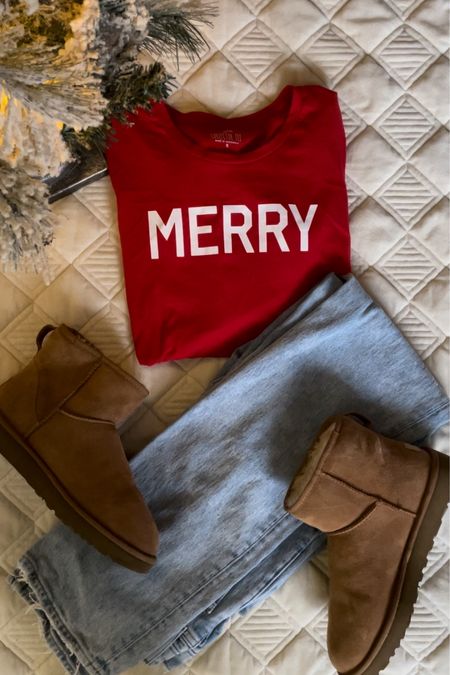 Casual and comfortable Christmas outfit. Great for worn from home 

Merry, t shirt, long sleeve tee, boots, Ugg boots, jeans 

#LTKSeasonal #LTKfindsunder100 #LTKHoliday