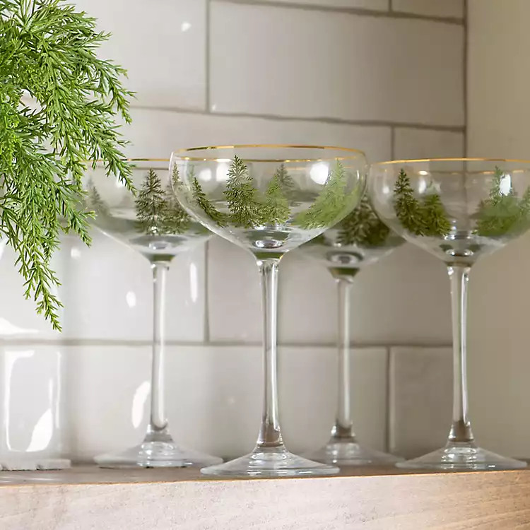 Evergreen Trees Embossed Coupe Glasses, Set of 4 | Kirklands