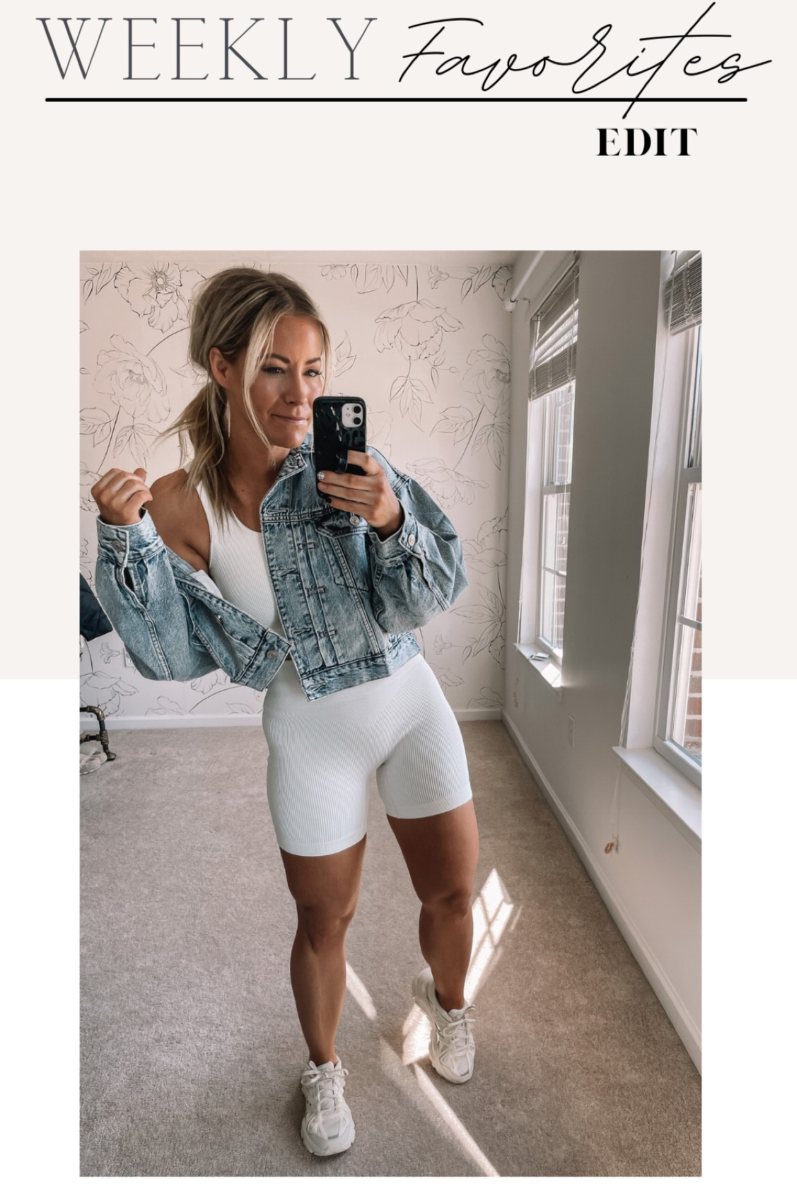 White matching workout set, American Eagle cropped denim jacket, white sneakers

#LTKU #LTKfit #LTKFind