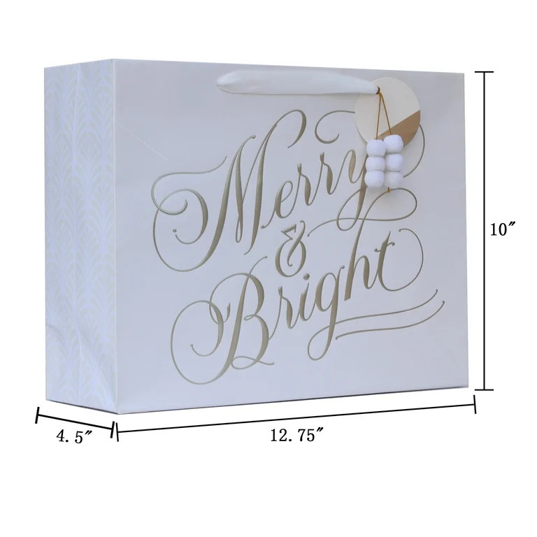 Large White and Gold Merry and Bright Christmas Paper Gift Bag, 12.75" x 4.5", 10", by My Texas H... | Walmart (US)