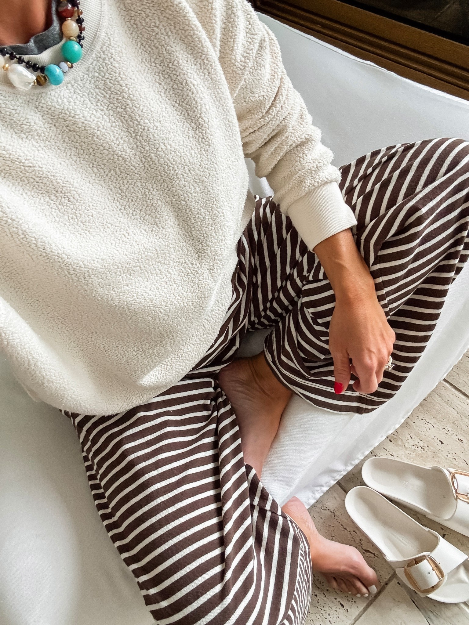 Vacation lounge. Stripe matching set. 
Sweatshirt M. Set XS. 

#LTKOver40 #LTKSeasonal #LTKootd