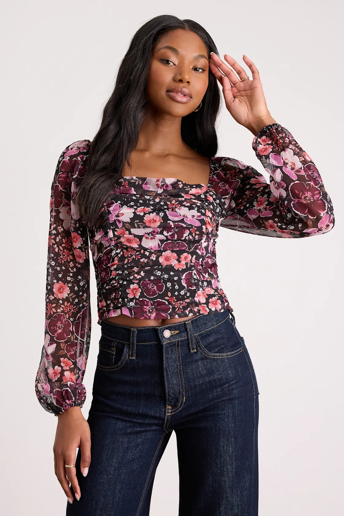 Mood Setter Black and Purple Floral Print Ruched Long Sleeve Top | Lulus