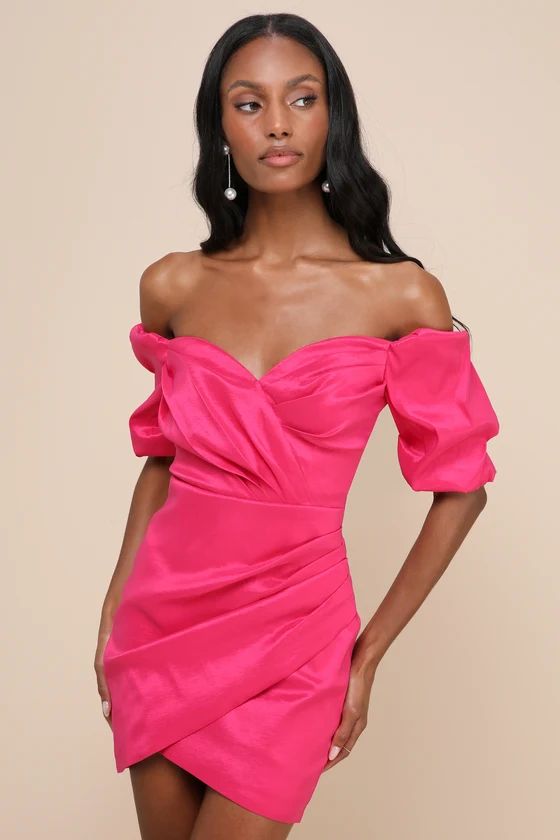 Desirable Aura Hot Pink Taffeta Off-the-Shoulder Mini Dress | Lulus