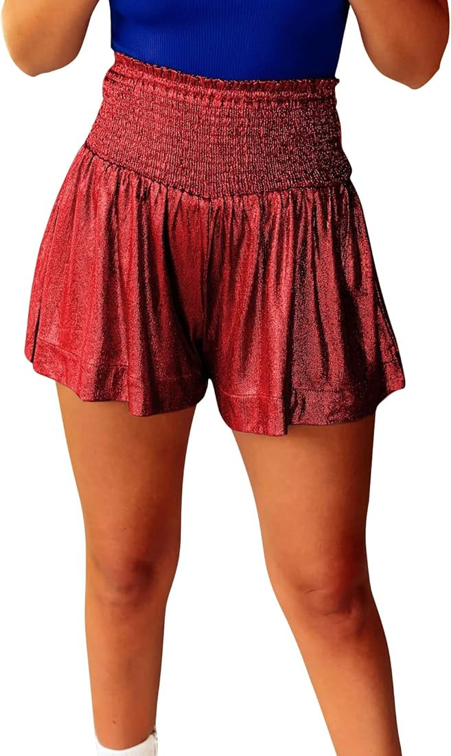 GUOLEZEEV Women Sequin Shorts Smocked High Waisted Flowy Shorts Glitter Sparkly Metallic Shorts | Amazon (US)