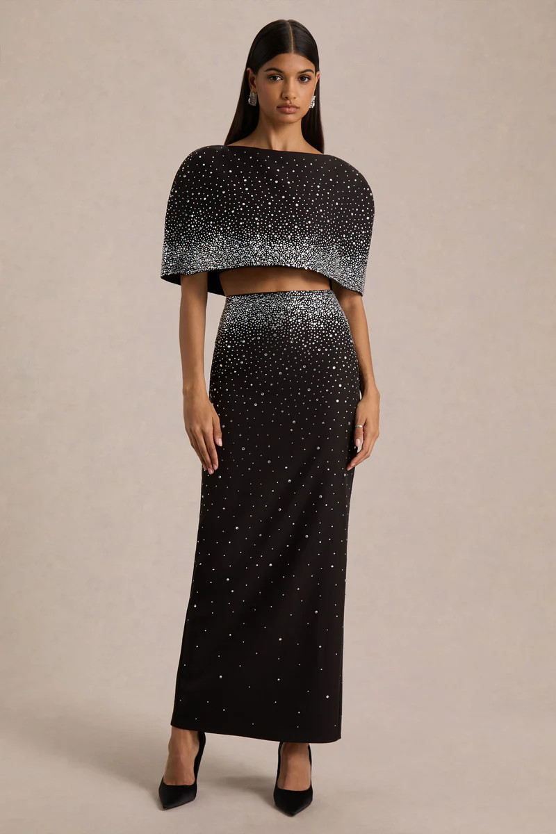 Fabiana  Black Hand-Embellished Maxi Skirt | Club L London