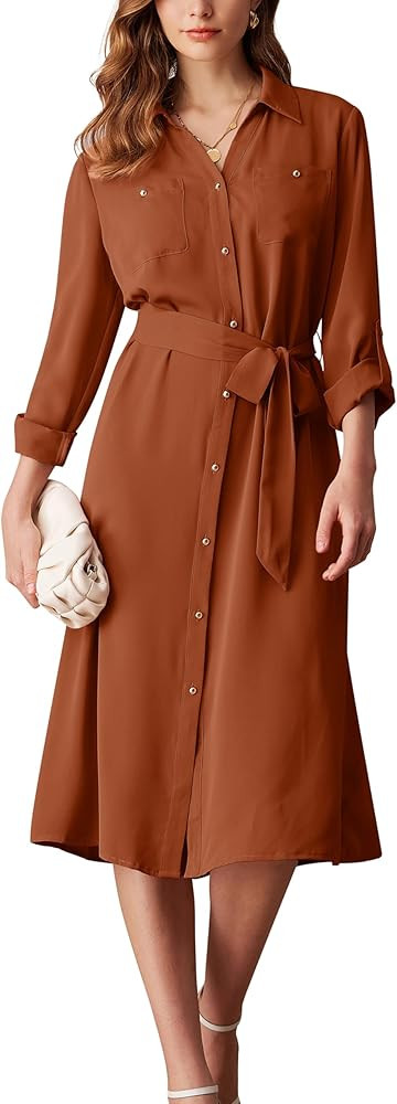 GRACE KARIN Women's Long Sleeve Button Down Shirt Dress Casual Loose Tie Waist Adjustable Sleeve ... | Amazon (US)
