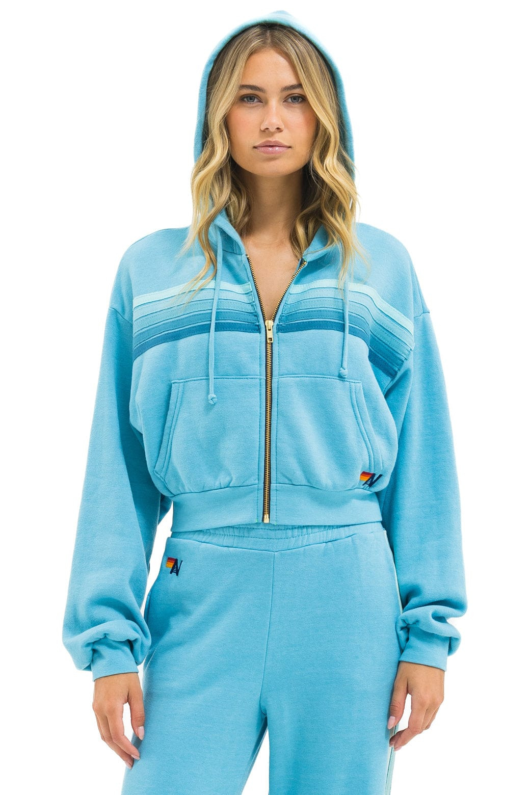 5 STRIPE CROPPED ZIP HOODIE RELAXED - AQUA // AQUA | Aviator Nation