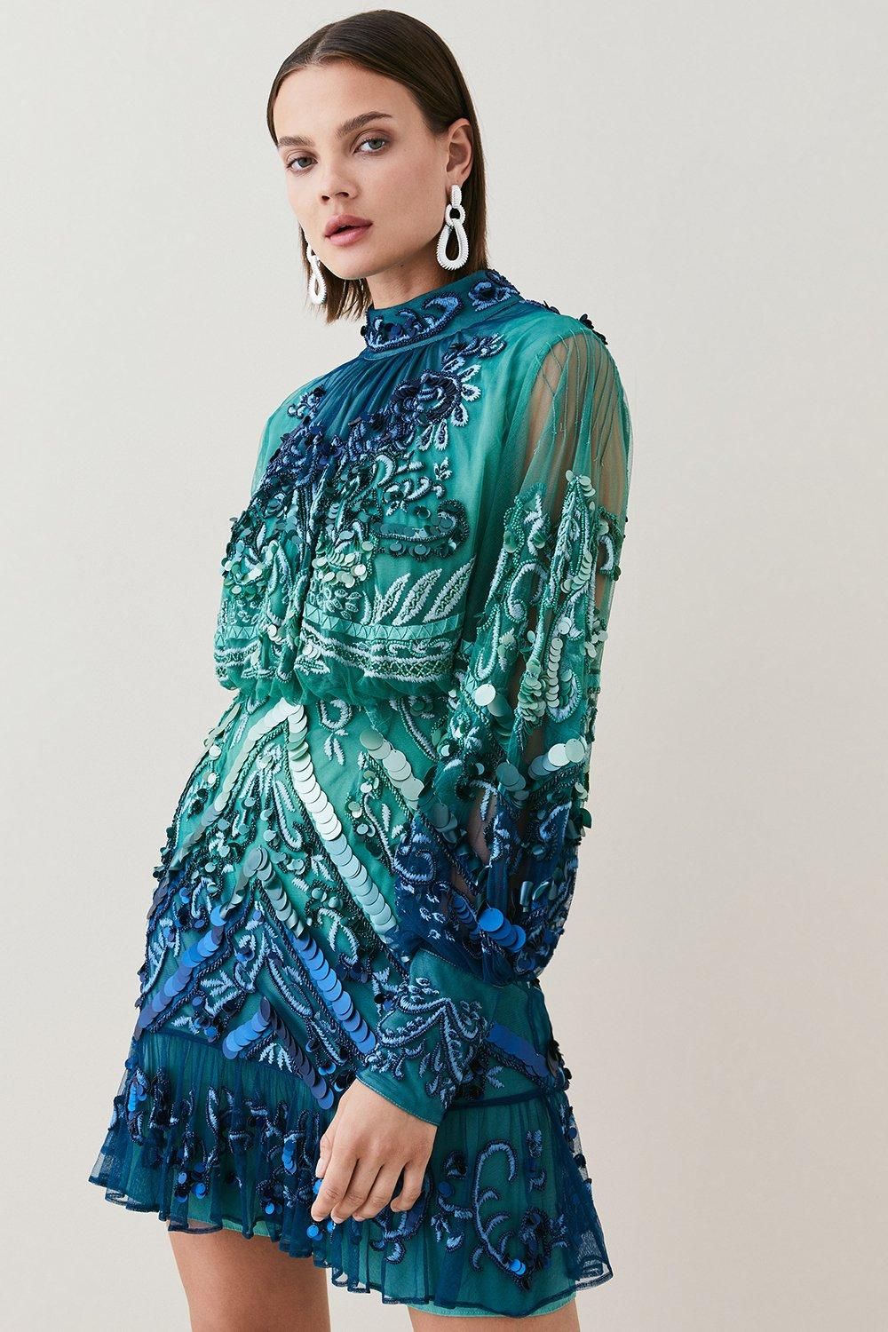 Ombre Sequin And Embroidered Mini Dress | Karen Millen US