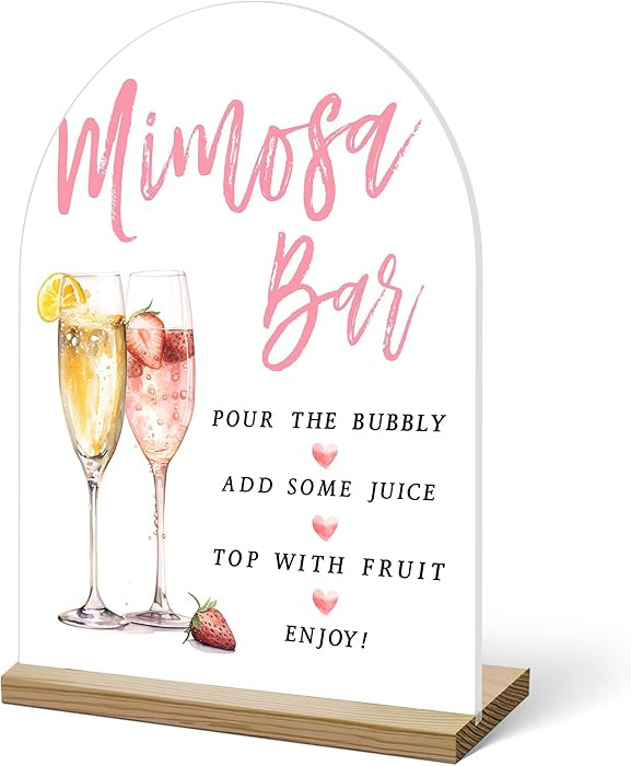 Mimosa Bar Sign, Acrylic Signs with Wood Stand for Gender Reveal Party, Champagne Sign Bubbly Bar... | Amazon (US)