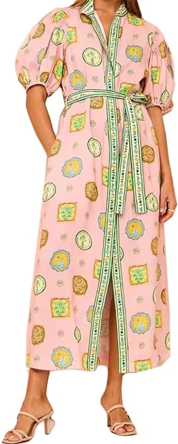 Qikaka Women's Half Puff Sleeve Lapel Button Printed Bodycon Sexy Nightclub Vacation Belted Dress | Amazon (US)