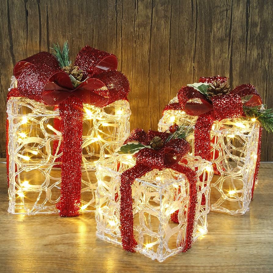 ATDAWN Set of 3 Lighted Gift Boxes Christmas Decorations, Clear Acrylic Pre-lit Present Boxes, Ch... | Amazon (US)