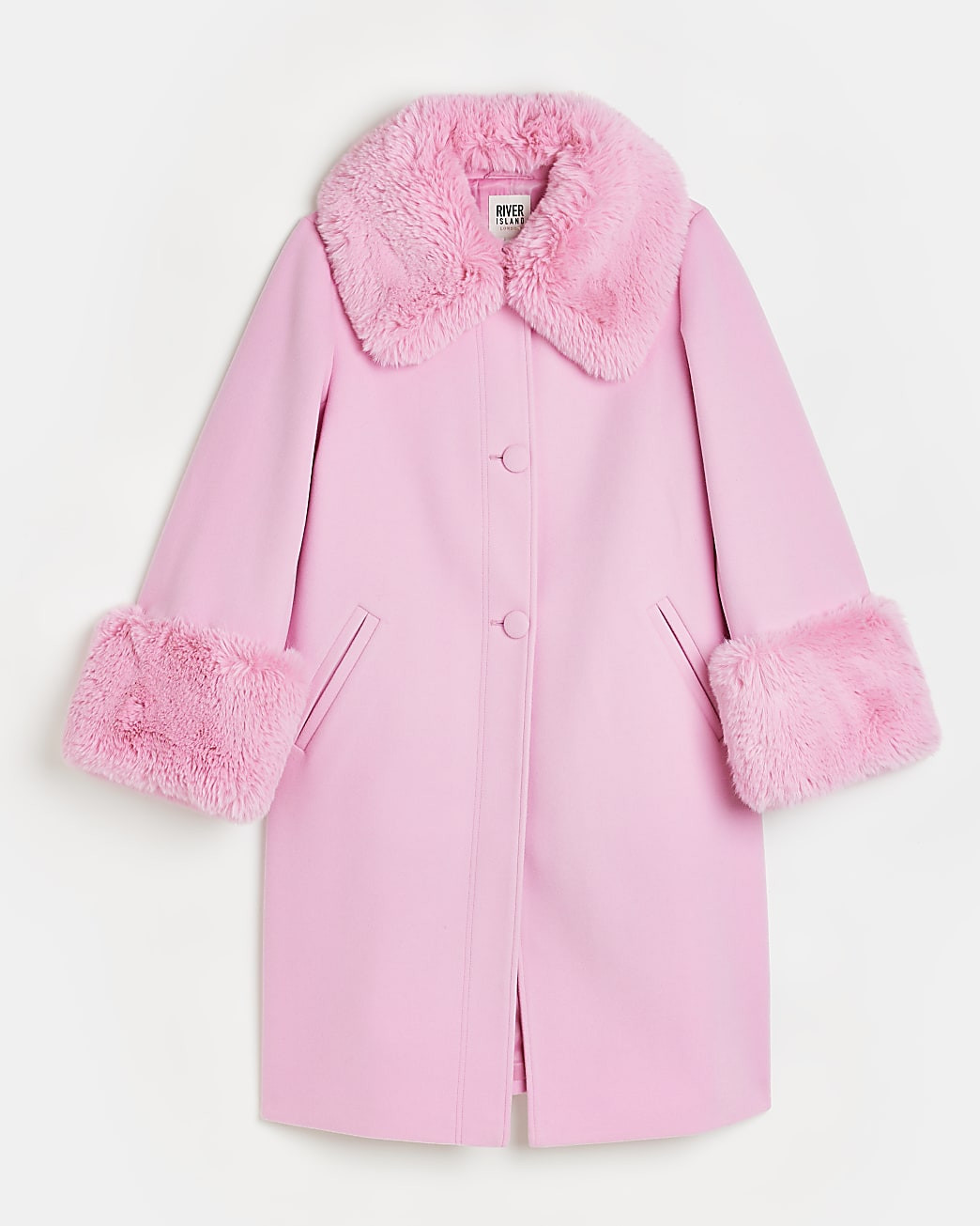 Pink faux fur detail longline coat | River Island (UK & IE)