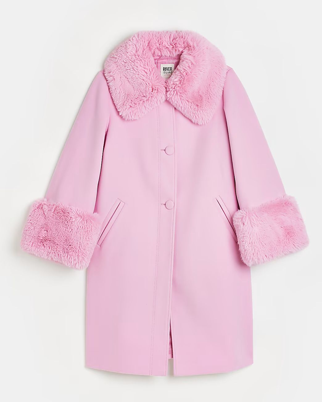 Pink faux fur detail longline coat | River Island (UK & IE)