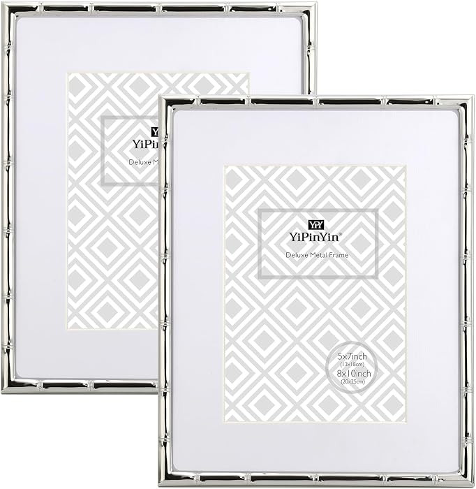 YiPinYin 8x10'' Bamboo Detail Designs Silver Metal Picture Frame with Mat for 5x7'' Set of 2,Narr... | Amazon (US)