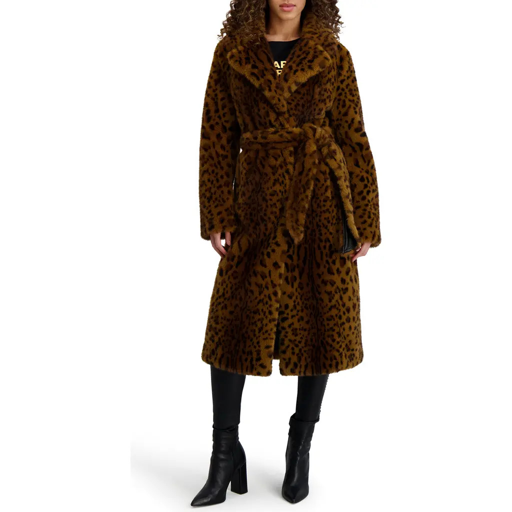 KARL LAGERFELD PARIS Leopard Print Faux Fur Wrap Coat at Nordstrom, Size X-Small | Nordstrom