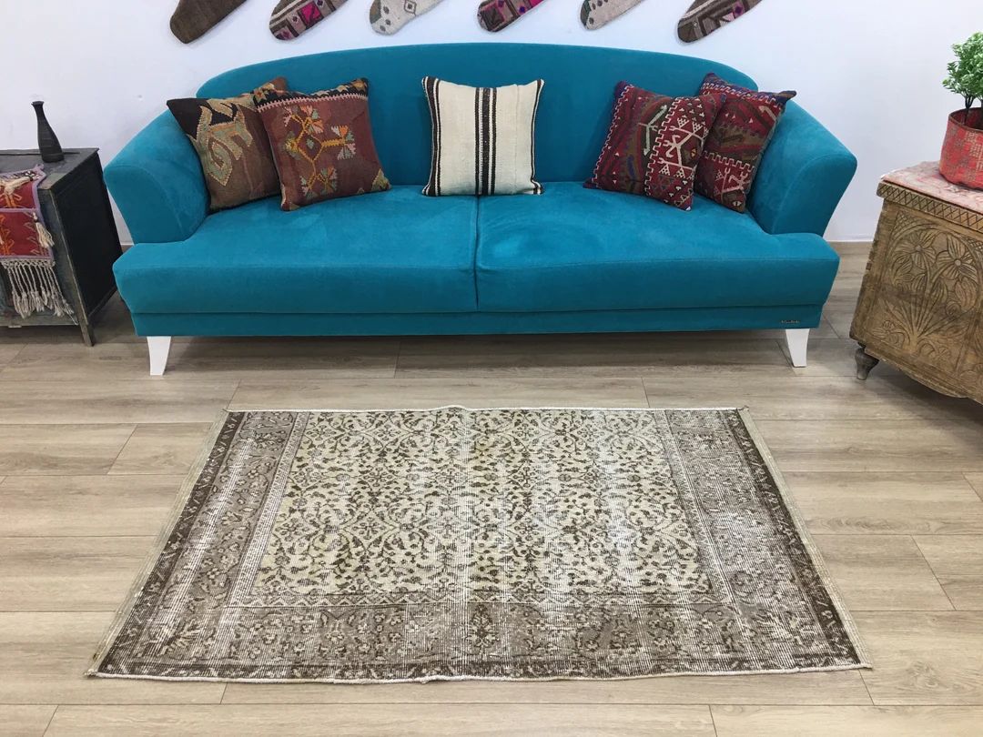 entrance carpet, accent rug, small turkish rug, oushak rug, vintage rug fragment, 3.1 x 5.3 feet,... | Etsy (US)