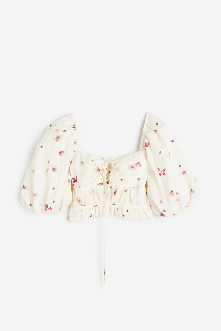 Puff-sleeved Crop Top - Cream/floral - Ladies | H&M US | H&M (US + CA)