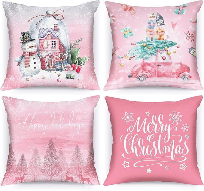 Lanpn White and Pink Christmas Throw Pillow Covers 18x18 Set of 4, 18 inch Decorative Xmas Cushio... | Amazon (US)