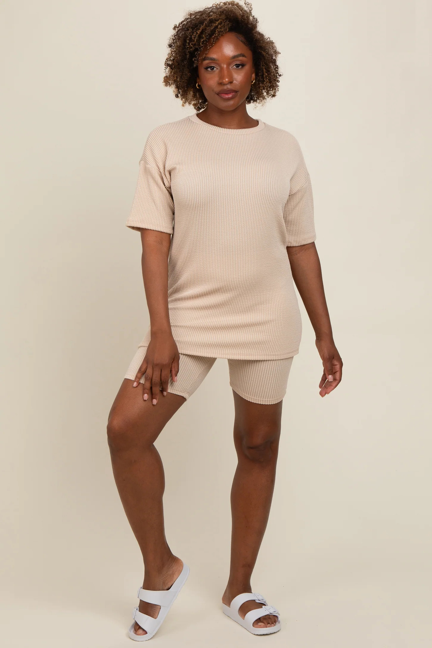 Beige Ribbed Biker Shorts Set | PinkBlush Maternity