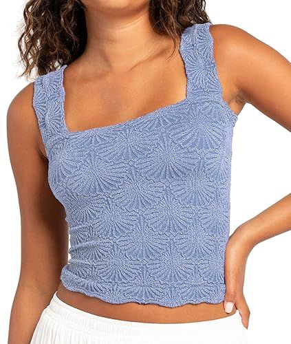 Women's Square Neck Wide Strap Crop Tank Tops Flower Embroidery Going Out Tops Slim Fit Lettuce T... | Amazon (US)