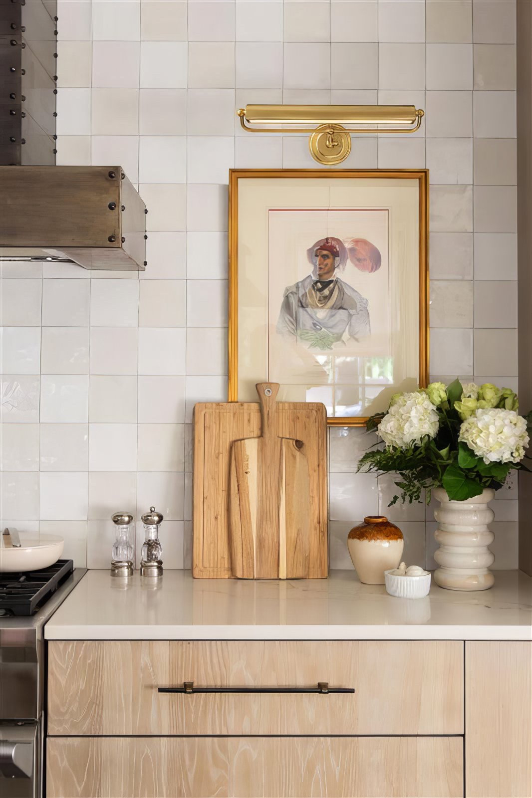 Cream Moroccan zeolite tile kitchen backsplash, aged brass gold picture light, cream stoneware vases, terracotta vases, ceramic vases and pots, wooden cutting board with handle, kitchen styling and accessories, kitchen renovation, kitchen decor ideas

#LTKHome #LTKStyleTip