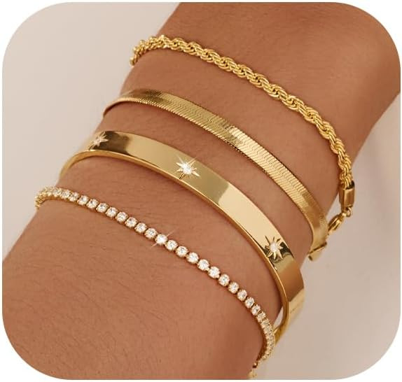 Gold Bracelets for Women 14K Gold Plated Stack Trend Bracelets Charm Paperclip Chain Cuban Link L... | Amazon (US)