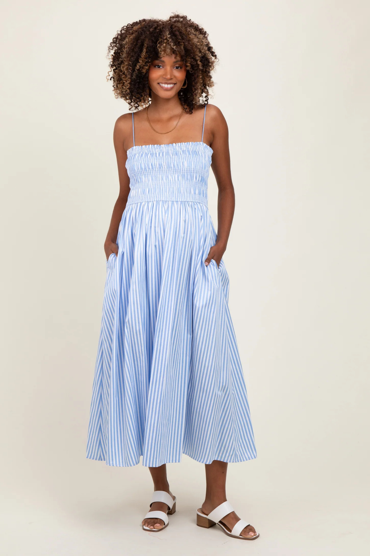 Blue Striped Smocked Maternity Midi Dress | PinkBlush Maternity