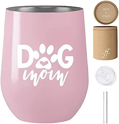 Fancyfams - Dog Mom -12 oz Stainless Steel Stemless Wine Tumbler with Lid and Straw - ( Pink) | Amazon (US)