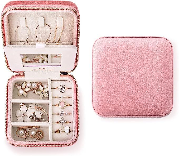 Small Travel Jewelry Box - Velvet Travel Jewelry Case with Mirror - Mini Jewelry Organizer Box wi... | Amazon (US)