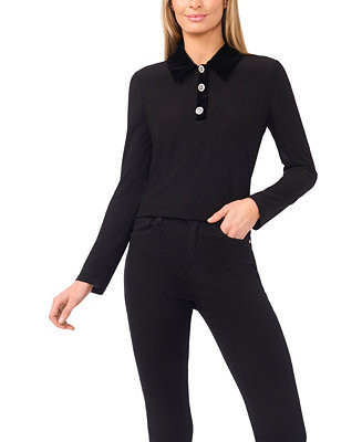 CeCe Women's Mix Media Collared Neck Long Sleeve Top - Macy's | Macy's