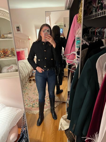 Dinner outfit, date night outfit, lady jacket, Pinterest outfit, black lady jacket, black boucle jacket, black tweed jacket, skinny jeans, riding boots, Parisian style, French style, abercombie#LTKCyberWeek 

#LTKstyletip #LTKSeasonal