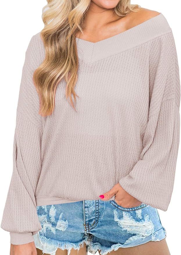 MIHOLL Women's Casual Tops Printed Long Sleeve V Neck T Shirts Loose Pullover Sweater | Amazon (US)