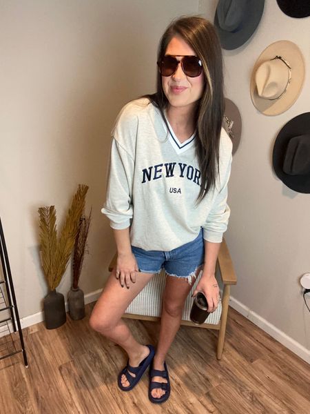 My tall SAHM outfit of the day - did my true size in everything (I would suggest you maybe size up 1/2 in this color sandal if it’s an option)

4 inch mom shorts - true size 31/12
Sweatshirt - true size large (light weight)

#comfy #casual #sahm #ootd #denimshorts #tallfashion #tallwomen #tallstyle 

#LTKfindsunder50 #LTKfindsunder100 #LTKstyletip